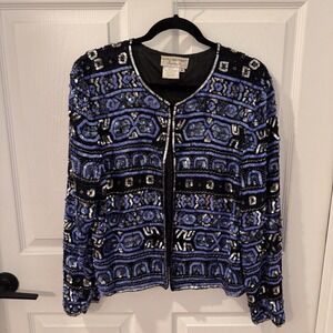 Papell Boutique Evening 100% Silk Jacket Sz 16‎ Heavily Beaded Floral Formal